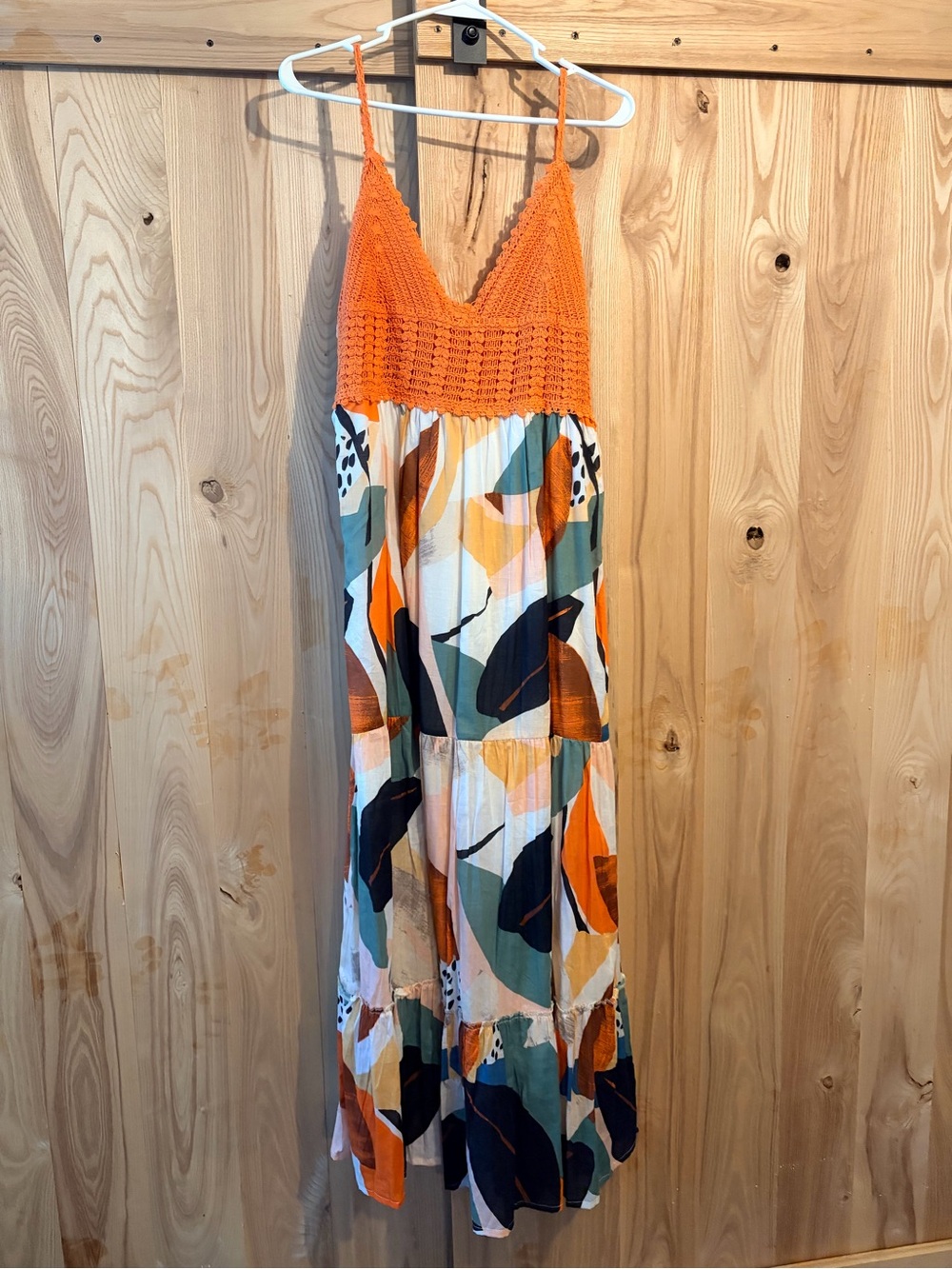 Crochet Bodice Maxi Dress in Orange and Multicolor Abstract Print